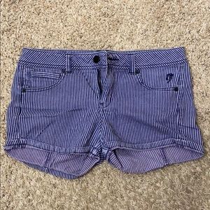 Candie’s purple and black pinstripe denim shorts